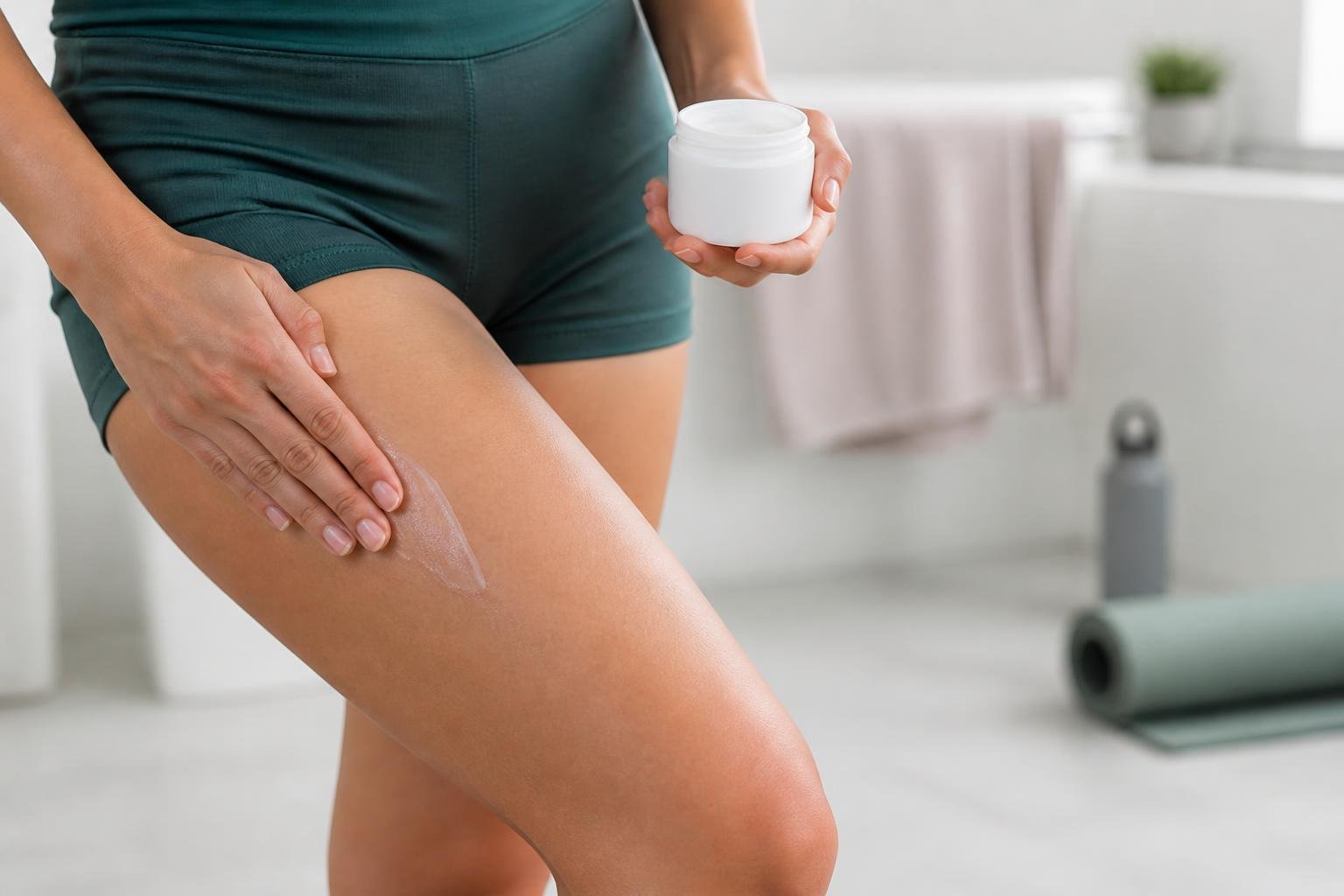 Close-up of a person applying balm to their inner thigh in a bright bathroom setting.